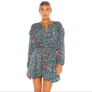 ✅ Free People Dress Flower Fields Mini Ruffle Long Sleeve Emerald Green Floral